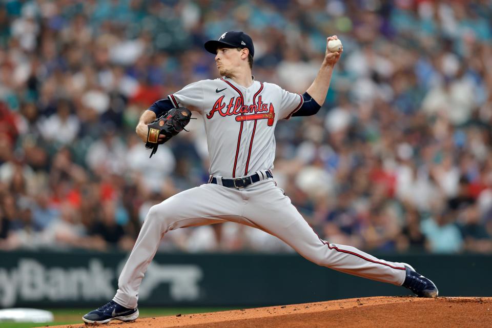 Atlanta Braves starting pitcher Max Fried works against the Seattle Mariners during the first inning of a baseball game, Saturday, Sept. 10, 2022, in Seattle. (AP Photo/John Froschauer)
(Photo: The Associated Press)