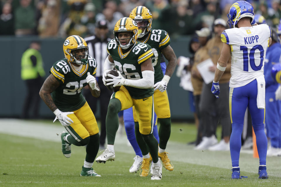 Green Bay Packers safety Anthony Johnson Jr. (36) celebrates after intercepting a pass during the second half of an NFL football game against the Los Angeles Rams, Sunday, Nov. 5, 2023, in Green Bay, Wis. (AP Photo/Matt Ludtke)