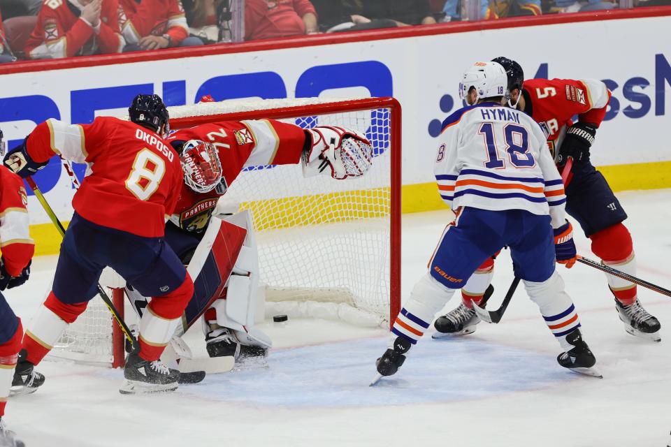 Jun 18, 2024; Sunrise, Florida, USA; Edmonton Oilers forward Connor McDavid (97) (not pictured) scores against Florida Panthers goaltender Sergei Bobrovsky (72) during the second period in game five of the 2024 Stanley Cup Final at Amerant Bank Arena. Mandatory Credit: Sam Navarro-USA TODAY Sports