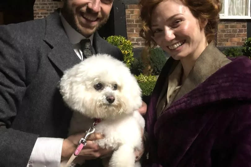 Rafe Spall and Eleanor Tomlinson with Karen's dog in Great Budworth -Credit:Karen Hammond