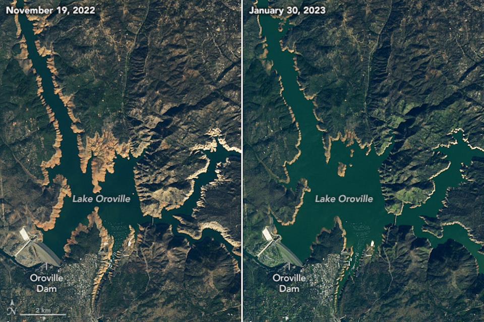 The early 2023 storms likely could have filled Lake Oroville, one of California’s largest reservoirs. But reservoirs are also essential for flood management, so managers balance how much water to retain and how much to release. <a href="https://earthobservatory.nasa.gov/images/150953/reservoirs-rise-but-groundwater-woes-remain" rel="nofollow noopener" target="_blank" data-ylk="slk:NASA Earth Observatory images by Lauren Dauphin;elm:context_link;itc:0;sec:content-canvas" class="link ">NASA Earth Observatory images by Lauren Dauphin</a>