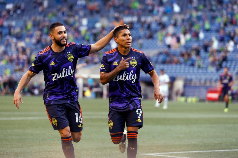 Raul Ruidiaz (right) scored two goals in last week's Seattle Sounders win over the LA Galaxy.