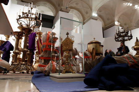 Saved treasures from Notre-Dame Cathedral are seen in a room at Paris city hall after a massive fire devastated large parts of the gothic cathedral in Paris, France, April 16, 2019. REUTERS/Benoit Tessier