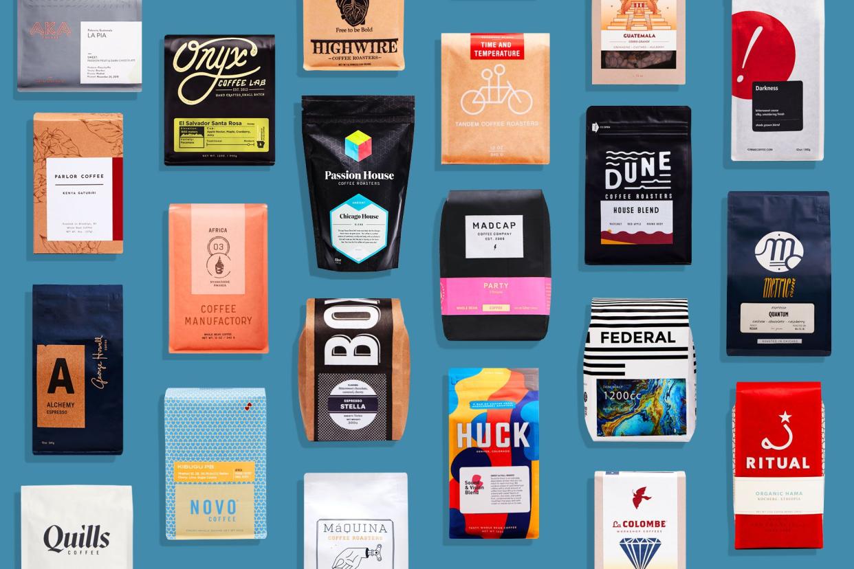 Trade Coffee Coffee Subscription Box, Several Coffees on Blue Background