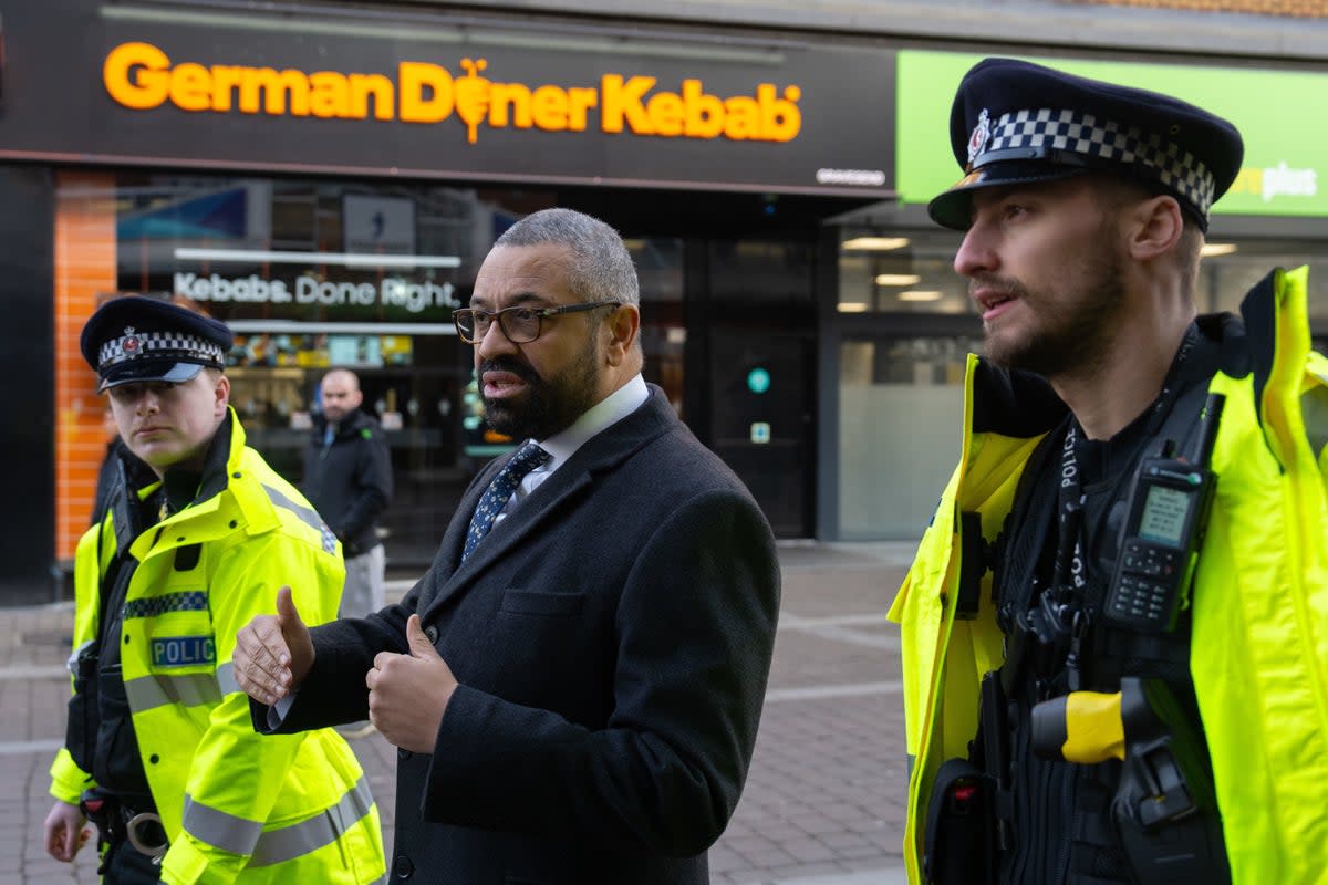 Home Secretary James Cleverly accompanies police officers on a foot patrol on Gravesend High Street (Carl Court/PA Wire)