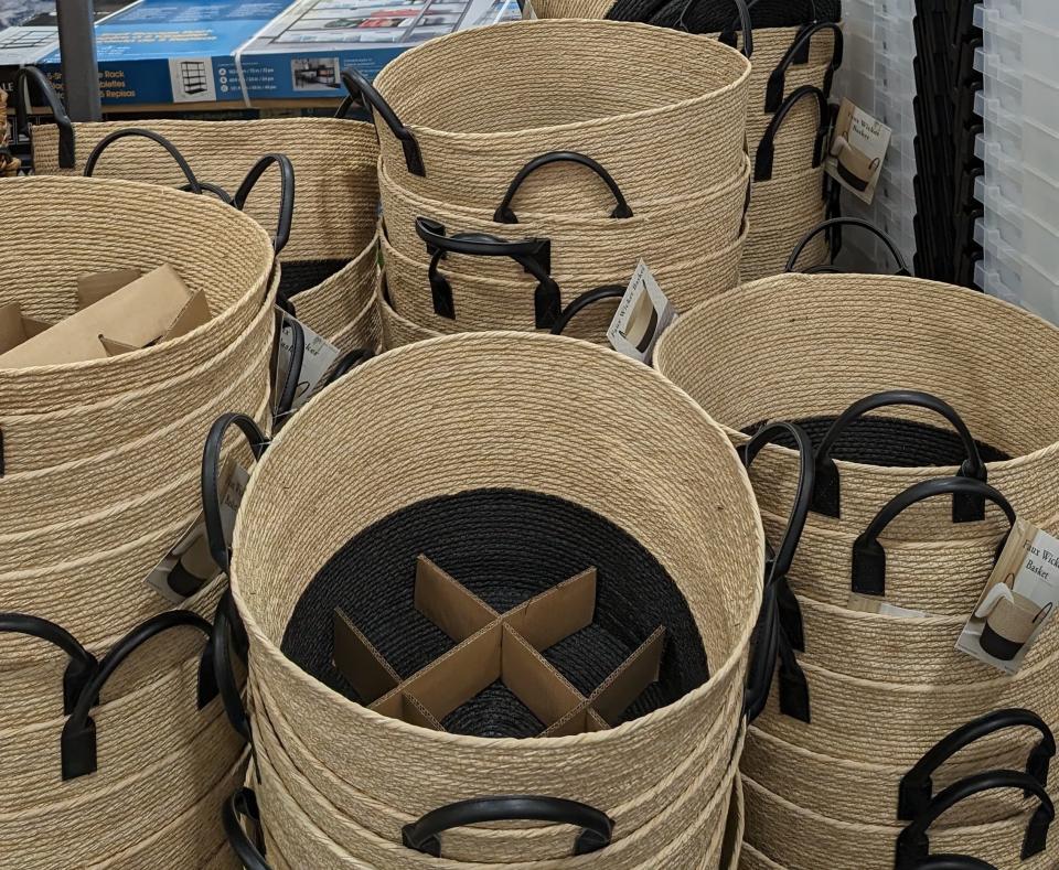 Wicker baskets stacked on a display at Costco 