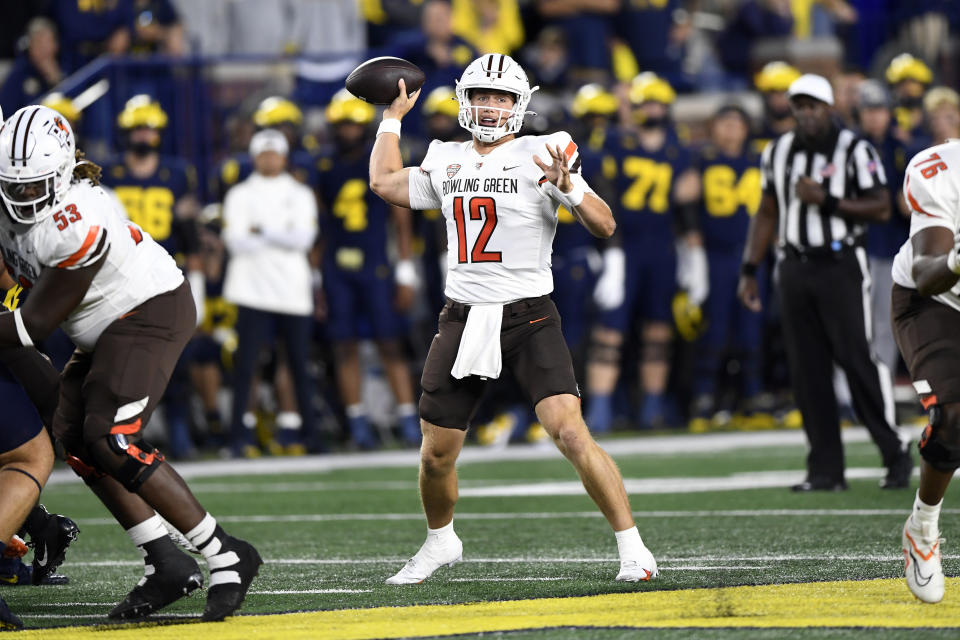 Bowling Green quarterback Camden Orth (12) throws against Michigan in the first quarter of an NCAA college football game, Saturday, Sept. 16, 2023, in Ann Arbor, Mich. (AP Photo/Jose Juarez)