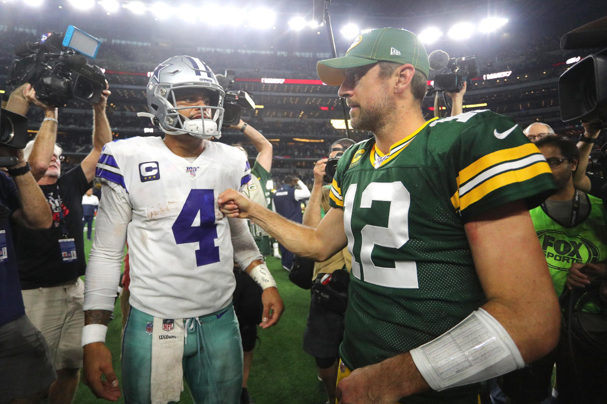 Is Dak Prescott's breakout on a disappointing Cowboys team worth slotting him ahead of Aaron Rodgers? (Richard Rodriguez/Getty Images)