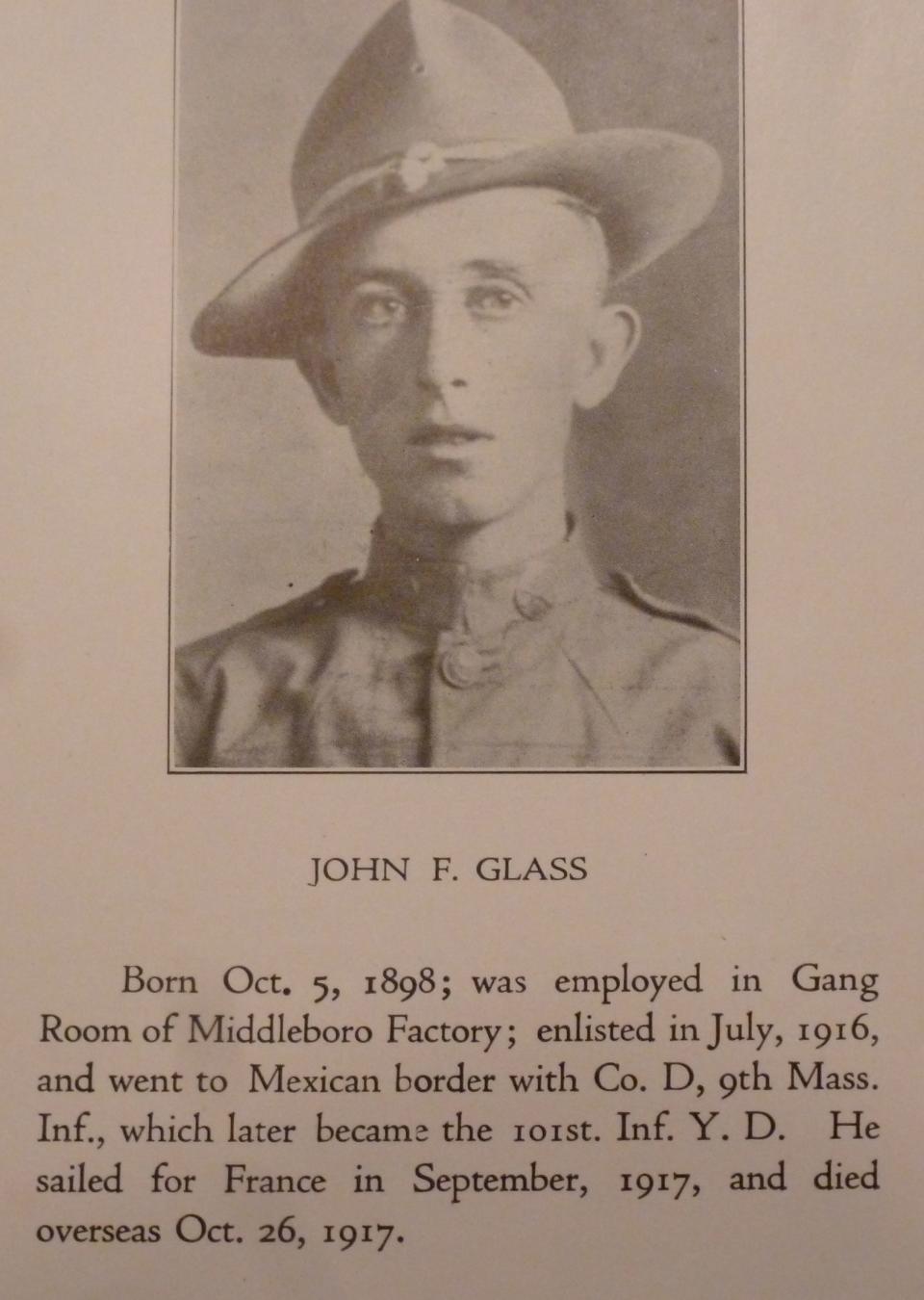 John F. Glass, as seen in a booklet produced by the local George E. Keith shoe firm, which produced the nationally famed "Walk-Over Shoes," highlighting the WW1 military services of their employees.