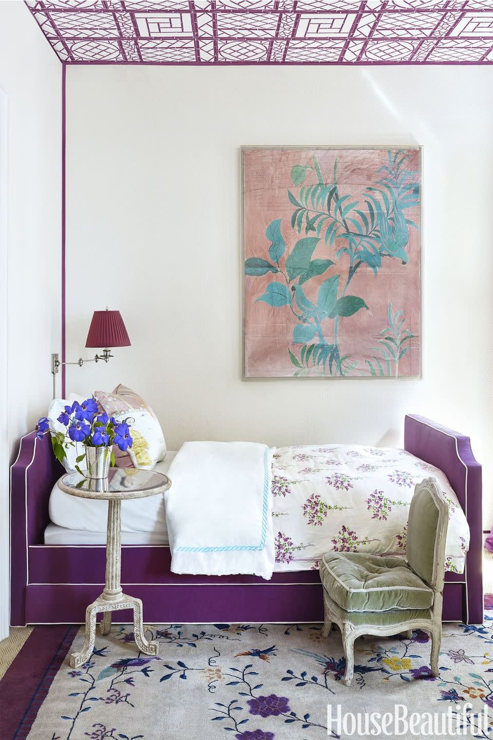 <p>Leave your walls bare and let your ceiling do all the heavy lifting, thanks to a purple lattice motif. Complement the overhead design with a fabric-covered bed frame, linens, and decorative accents in a similar shade. </p><p><em><a href="https://www.housebeautiful.com/room-decorating/bedrooms/g13623014/purple-bedrooms/" rel="nofollow noopener" target="_blank" data-ylk="slk:See more at House Beautiful »;elm:context_link;itc:0;sec:content-canvas" class="link ">See more at House Beautiful »</a></em></p>