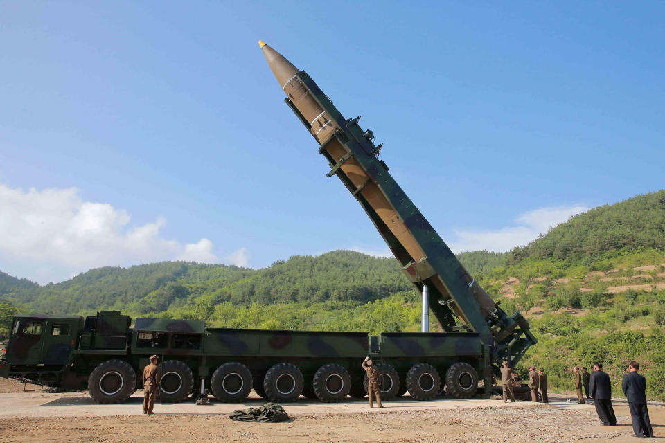 <p>The intercontinental ballistic missile Hwasong-14 is seen in this undated photo released by North Korea’s Korean Central News Agency (KCNA) in Pyongyang, July, 4 2017. (Photo: KCNA/via Reuters) </p>