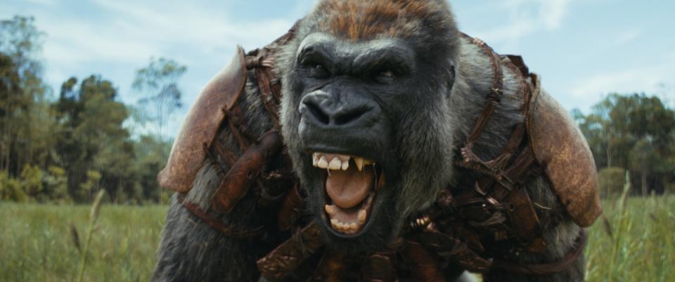 Sylva (played by Eka Darville) roars in anger as he tries to capture an ape and human who have been a thorn in his side in "Kingdom of the Planet of the Apes."