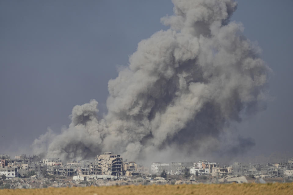 Smoke rises following an Israeli bombardment in the Gaza Strip, as seen from southern Israel on Monday, Dec. 11, 2023. (AP Photo/Ohad Zwigenberg)