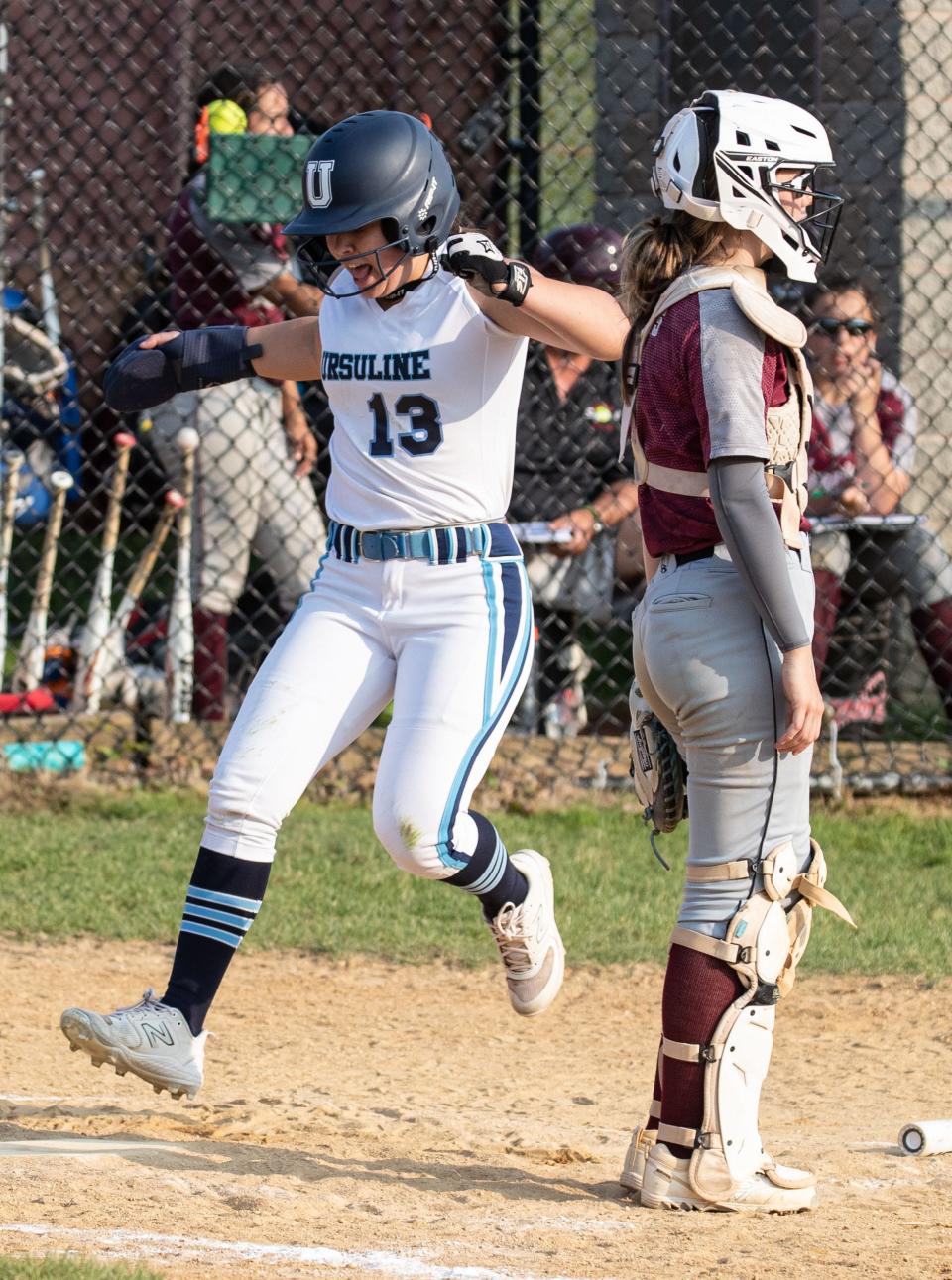 UrsulineÕs Ava Papaleo scores during a Section 1 Class A softball semifinal game at Harrison High School May 23, 2023. Ursuline scored three runs in the sixth inning to defeat Harrison 8-5. 