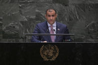 Yemeni Foreign Minister Mohammed Abdullah al-Hadrami addresses the 74th session of the United Nations General Assembly at the U.N. headquarters Saturday, Sept. 28, 2019. (AP Photo/Jeenah Moon)