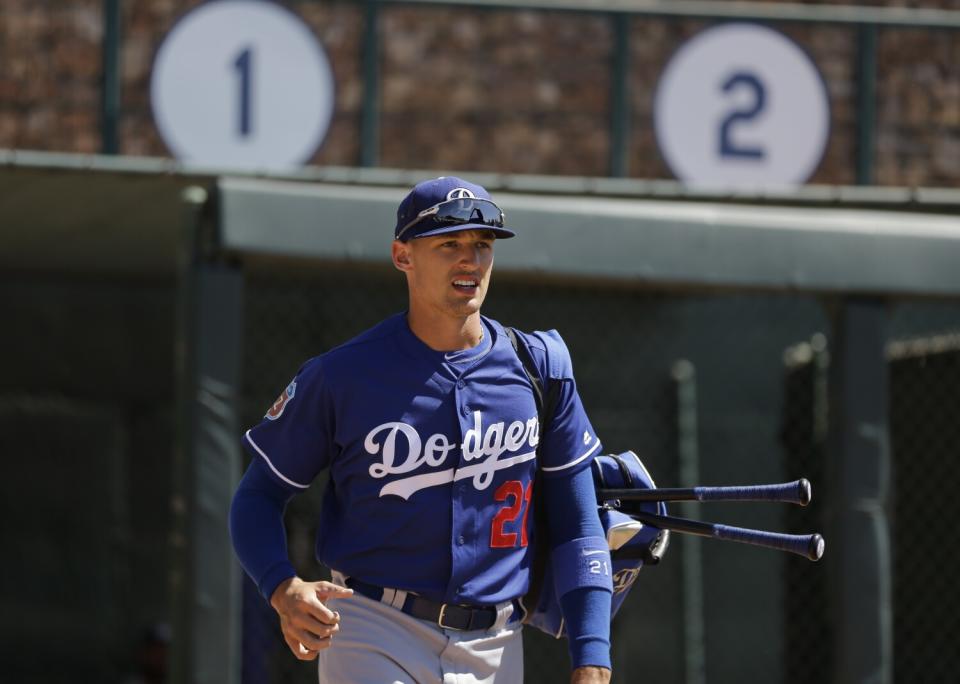 Dodgers' Trayce Thompson arrives for a spring training baseball game against the Chicago White Sox on March 19, 2016