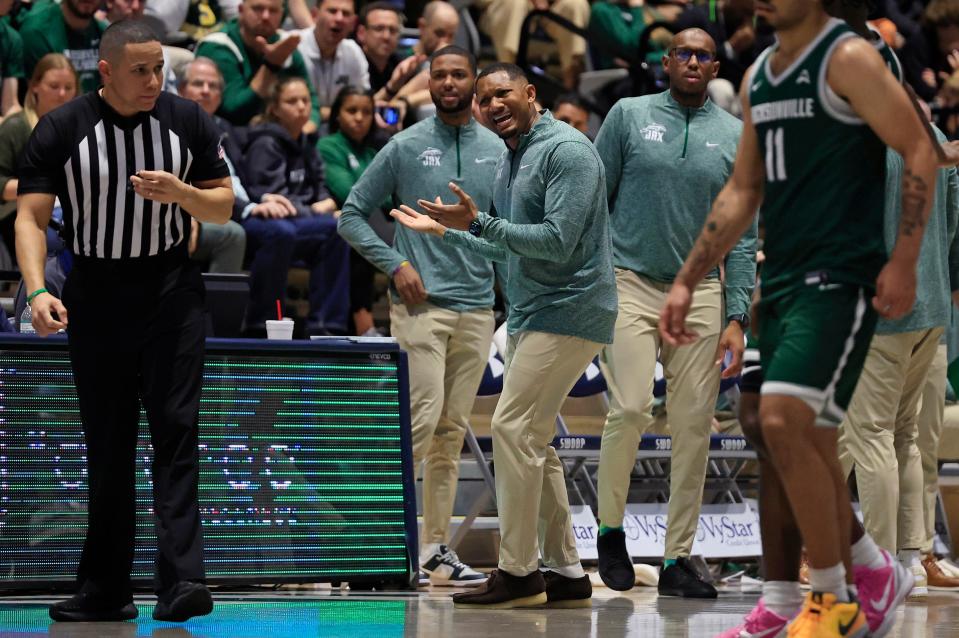 Jacksonville University coach Jordan Mincy pleads his case with an official during his game against the University of North Florida on Jan. 12.