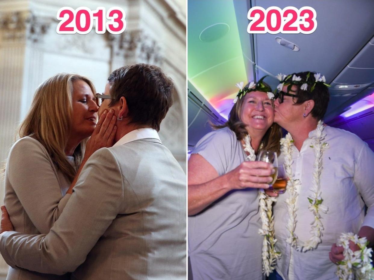 Sandy Stier and Kris Perry during their legal wedding in June, 2013 (L), and after their vow renewal ceremony in June, 2023 (R).