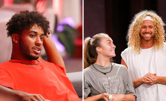 L: Jaycee in a orange top in the Big Brother house. R: Gabbie smiles at Tim during a challenge