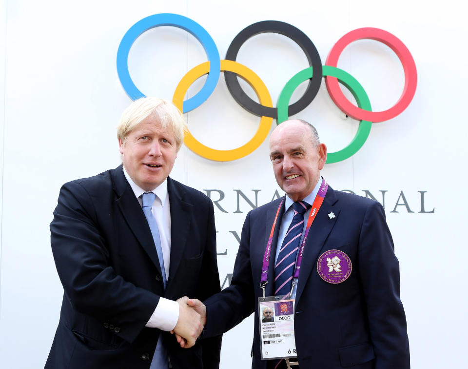 Mayor of London Boris Johnson meets Mayor of the Olympic Village Sir Charles Allen as he visits the Olympic Park and Olympic Village in London.