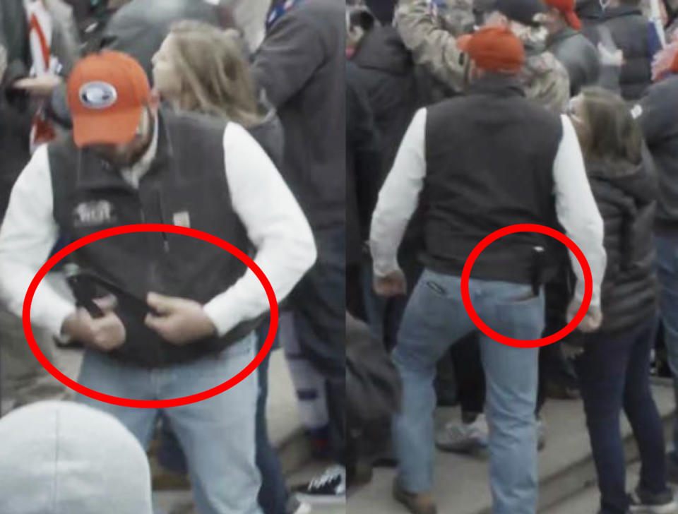 A side-by-side hand holding the metal fencing and the object in his back pocket (US District Court)