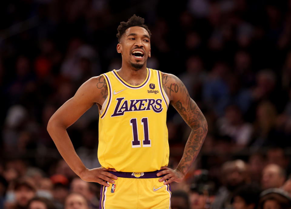 NEW YORK, NEW YORK - NOVEMBER 23:  Malik Monk #11 of the Los Angeles Lakers reacts in the second half against the New York Knicks at Madison Square Garden on November 23, 2021 in New York City. The New York Knicks defeated the Los Angeles Lakers 106-100. NOTE TO USER: User expressly acknowledges and agrees that, by downloading and or using this photograph, User is consenting to the terms and conditions of the Getty Images License Agreement. (Photo by Elsa/Getty Images)