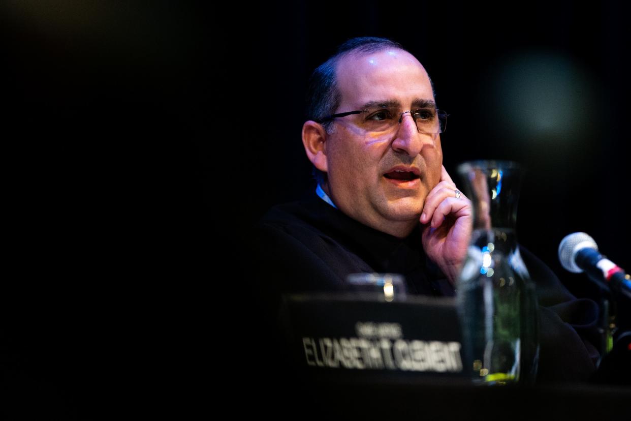 Justice David Viviano listens as oral arguments are given during the court's trip to Cheboygan for its Community Connections Program Wednesday, April 26, 2023, at the Cheboygan Opera House. The program aims to educate on the state's judicial system by inviting the public to witness arguments and Q&A afterward.