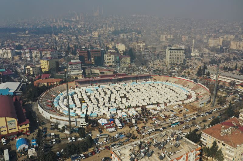 Drone footage shows AFAD tents in the stadium of Kahramanmaras