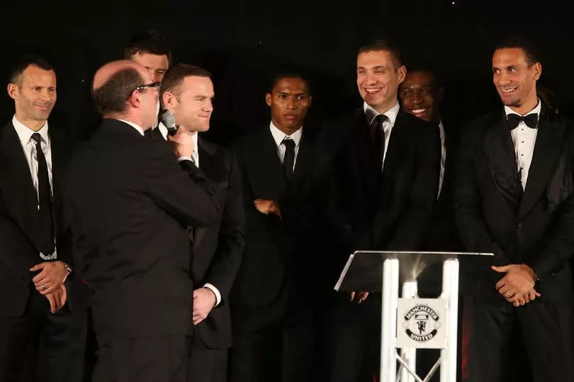 Former Man Utd players Ryan Giggs (left), Wayne Rooney (second left) and Nemanja Vidic (second right) -Credit:Matthew Peters/Manchester United