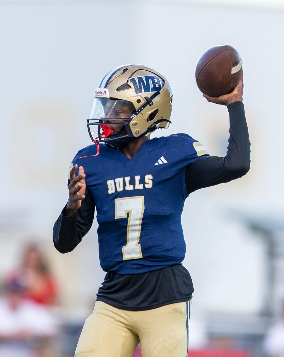 West Boca Raton quarterback Mason Mallory throws the ball against St. Andrews in West Boca Raton, Florida on September 8, 2023. 