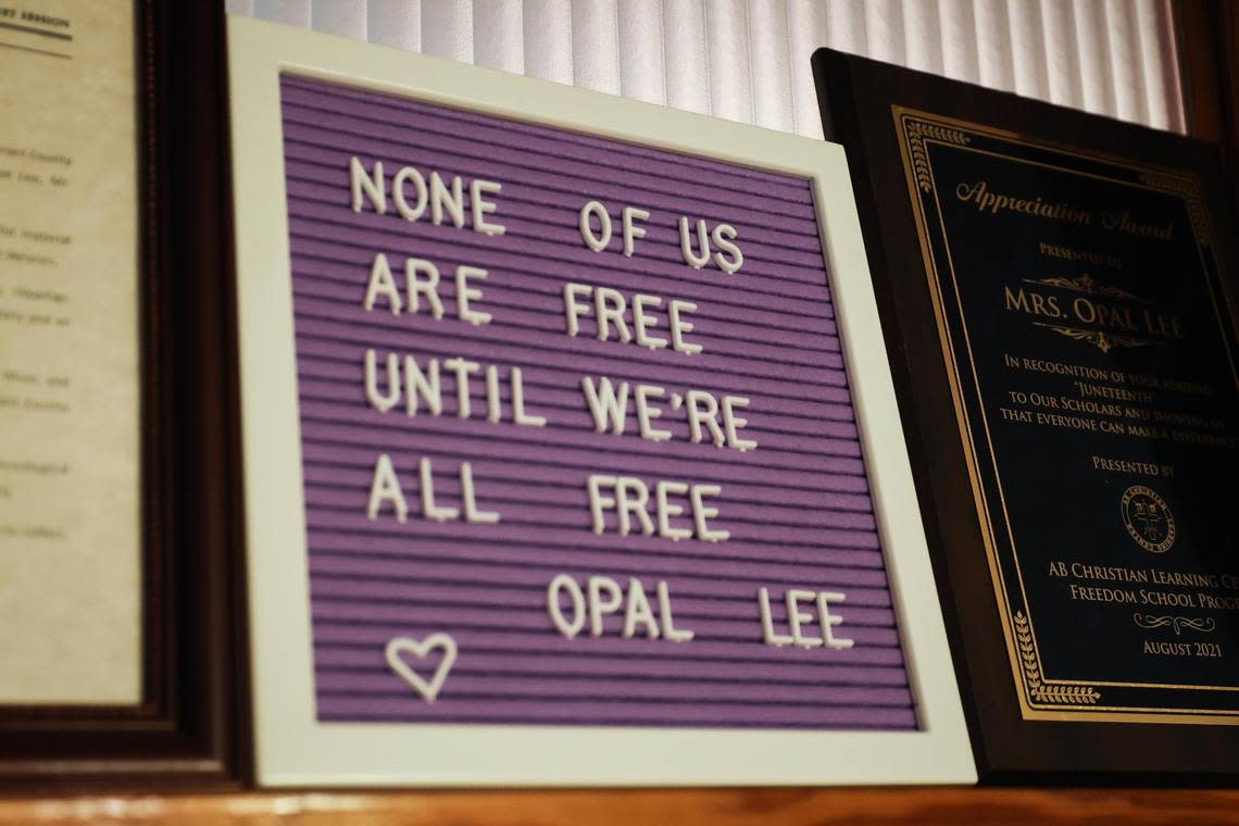 A peg board with a quote by Opal Lee is displayed at her home in Fort Worth.