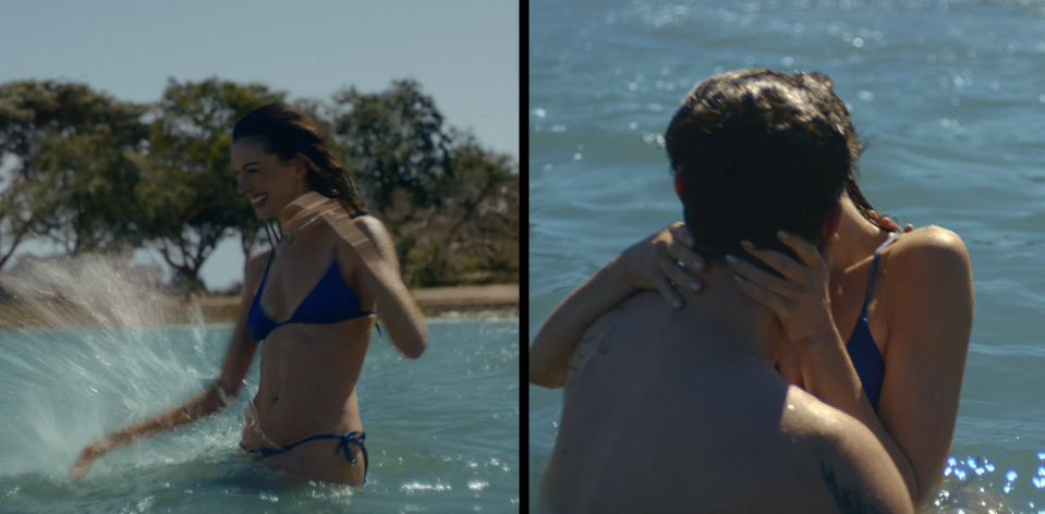 Two scenes from a TV show: Person in a bikini enjoying the water, and two people embracing in the water