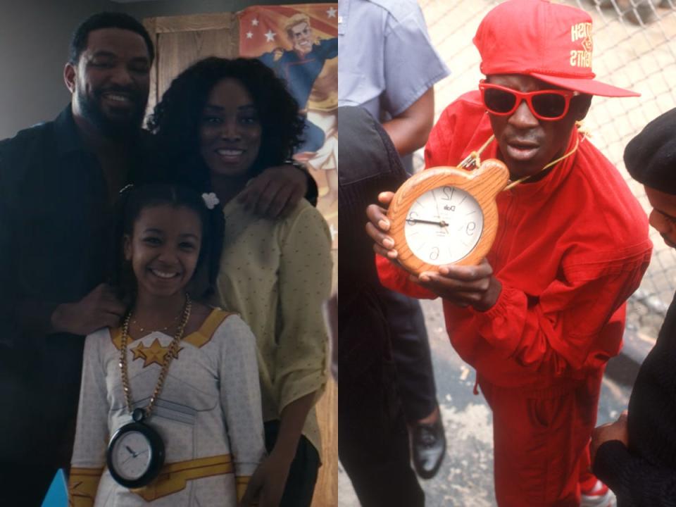 On the left: Mother's Milk, Monique, and Janine in season three, episode one of "The Boys." On the right: Flava Flav posing in 1989.