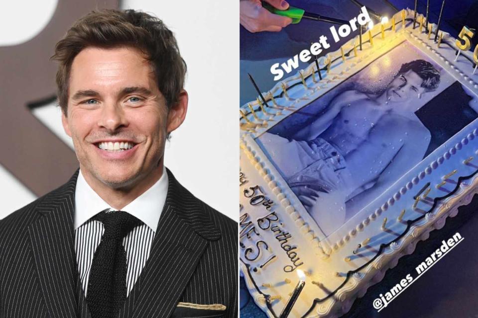 <p>James Marsden/ Instagram</p> James Marsden celebrates his 50th birthday with a cake featuring a shirtless photo of him.