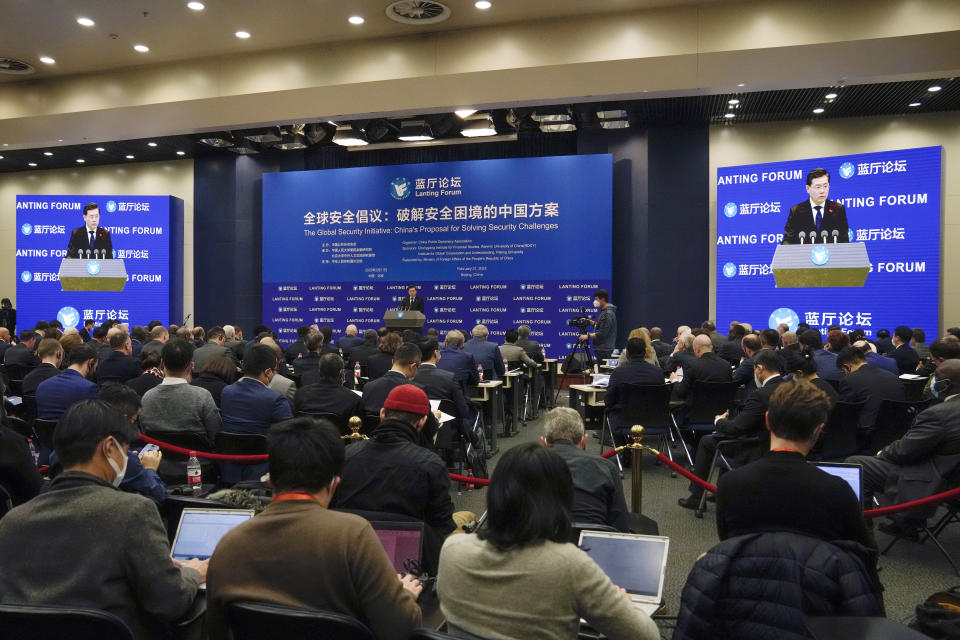 Chinese Foreign Minister Qin Gang delivers a speech during the Lanting Forum on the Global Security Initiative: China's Proposal for Solving Security Challenges held at the Ministry of Foreign Affairs office in Beijing, Tuesday, Feb. 21, 2023. Qin Gang on Tuesday expressed concerns about the rising tensions in Ukraine and said China was ready to provide "Chinese wisdom" for the political settlement of the crisis through dialogues. (AP Photo/Andy Wong)