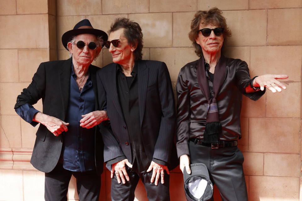 Presentación del álbum Hackney Diamonds de los Rolling Stones, Hackney Empire, Londres. De izquierda a derecha: Keith Richards, Ronnie Wood, Mick Jagger en septiembre de 2023 (Crédito: Trevor Adams/Matrix/MediaPunch)