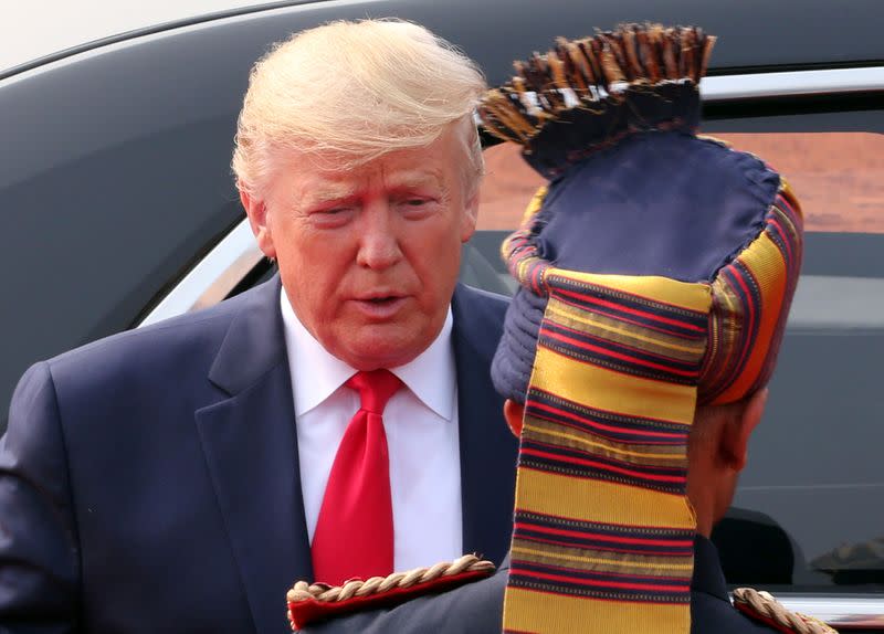 U.S. President Donald Trump arrives to attend a ceremonial reception at the forecourt of India's Rashtrapati Bhavan Presidential Palace in New Delhi