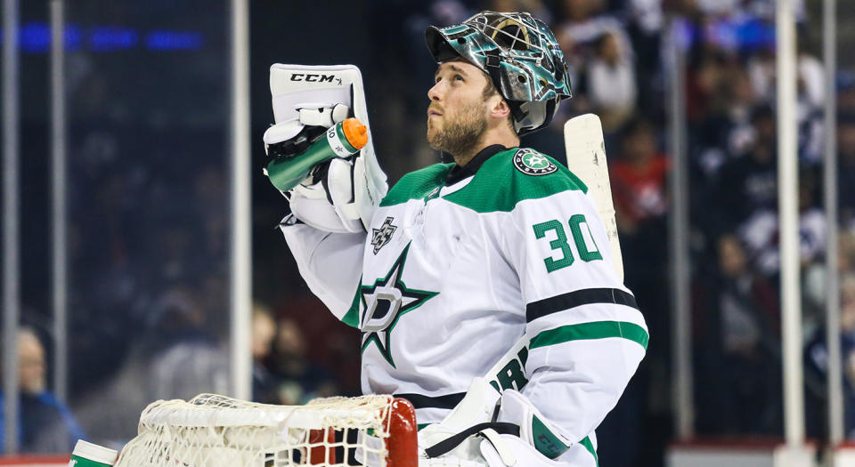 Dallas Stars goalie Ben Bishop (30) takes a water break during the NHL game between the Winnipeg Jets and the Dallas Stars. (Photo by Terrence Lee/Icon Sportswire via Getty Images)