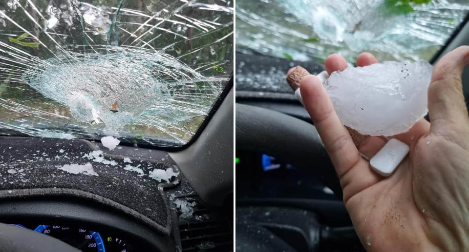 Christopher Harvey holds a piece of hail which has smashed the windscreen of his Toyota in Yalboroo.