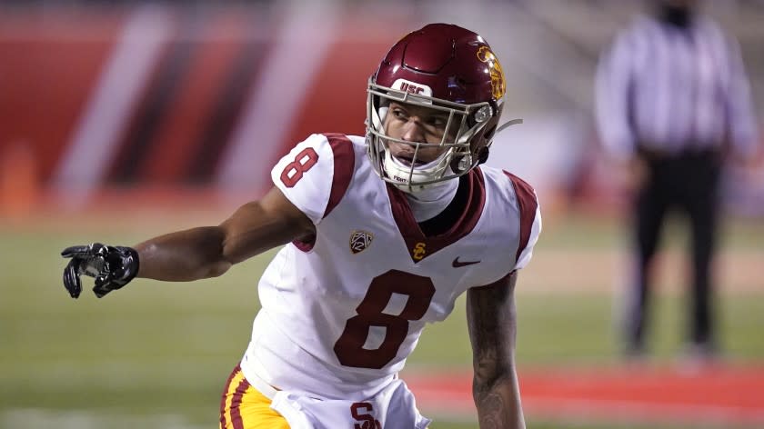 Southern California cornerback Chris Steele (8) looks on in the second half during an NCAA college football game against Utah Saturday, Nov. 21, 2020, in Salt Lake City. (AP Photo/Rick Bowmer)