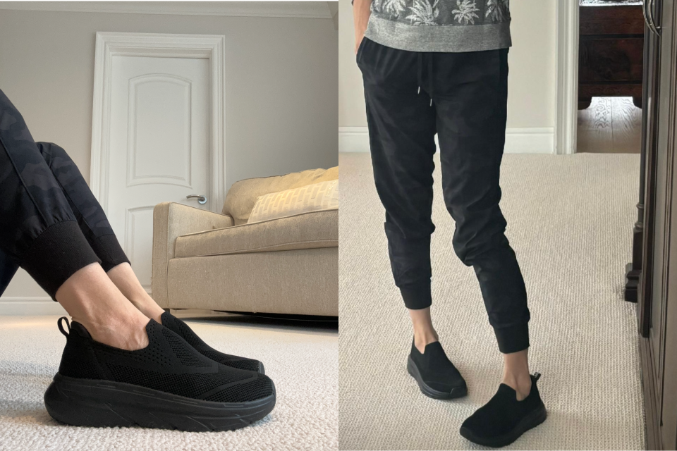 women wearing black amazon sneakers and black pants, I wore these comfortable (and affordable) sneakers on a recent vacation and now they're a travel essential (Photos via Sarah DiMuro).