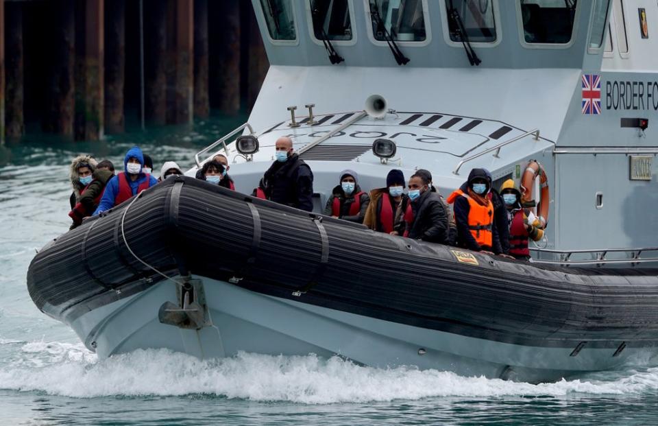 A group of people are brought in to Dover, Kent, onboard a Border Force vessel following a small boat incident in the Channel on Wednesday (Gareth Fuller/PA) (PA Wire)