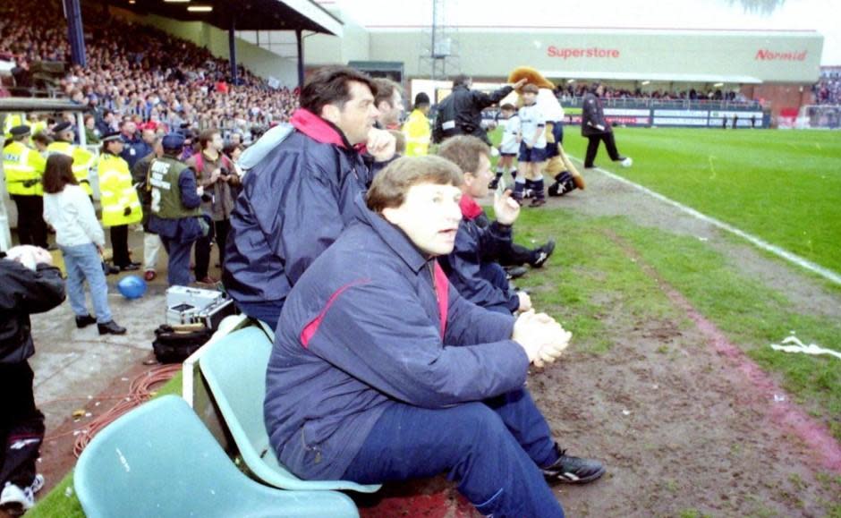 The Bolton News: Colin Todd and Phil Brown on the touchline at Burnden Park