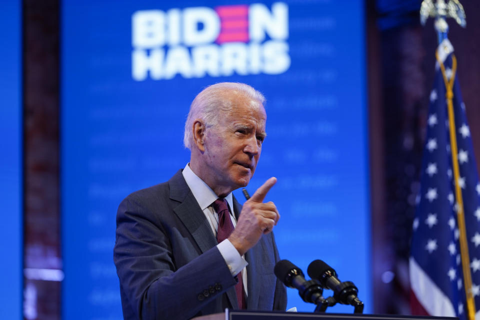 Democratic presidential candidate former Vice President Joe Biden gives a speech on the Supreme Court at The Queen Theater, Sunday, Sept. 27, 2020, in Wilmington, Del. (AP Photo/Andrew Harnik)