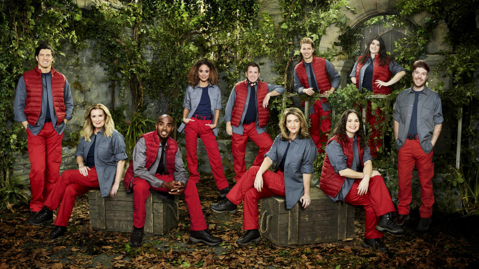 Vernon Kay, Beverley Callard, Sir Mo Farah CBE, Jessica Plummer, Shane Richie, Victoria Derbyshire, AJ Pritchard, Giovanna Fletcher, Hollie Arnold MBE and Jordan North in a promotional still for I'm A Celebrity... Get Me Out Of Here! (ITV)