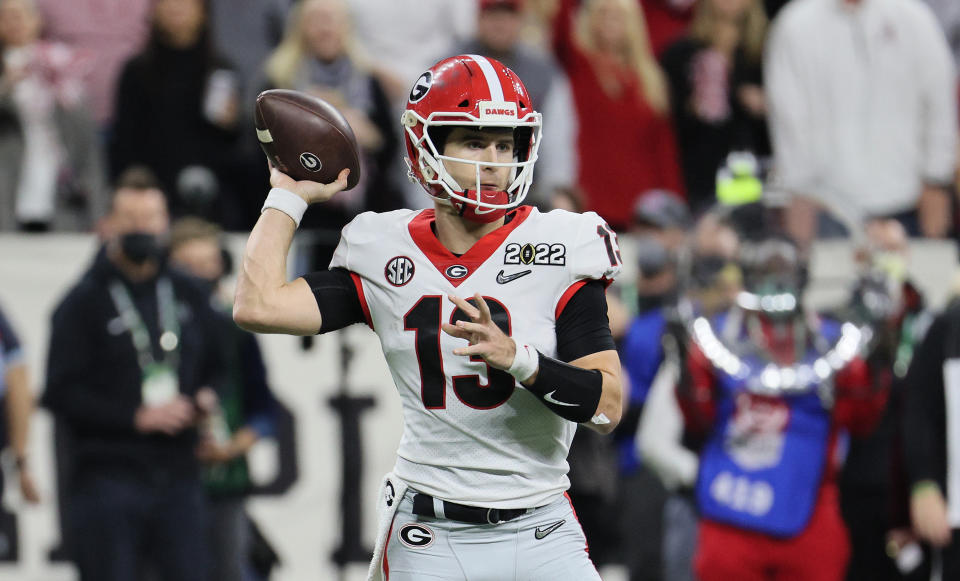 Quarterback Stetson Bennett proved the doubters wrong by leading Georgia to a national title last fall. He'll have another shot at it this year. (Photo by Andy Lyons/Getty Images)