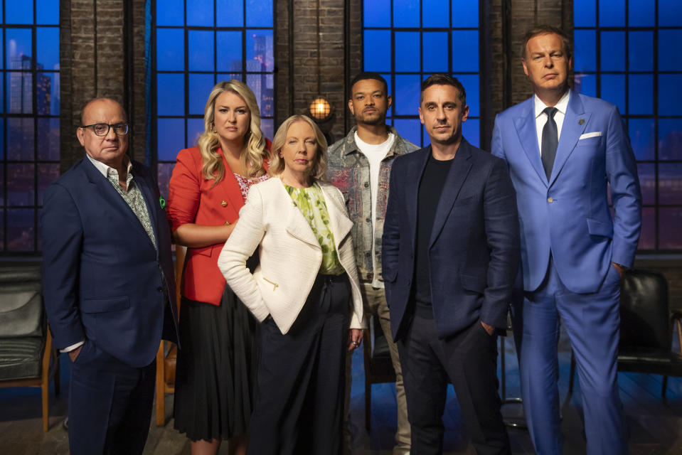 Gary Neville joins the dragons on Dragons' Den. (BBC)