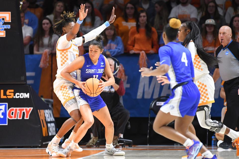 St Louis guard Julia Martinez (11) is defended during a college basketball game between the Lady Vols and St. Louis in the first round of the NCAA tournament, in Thompson-Boling Arena, Saturday, March 18, 2023.