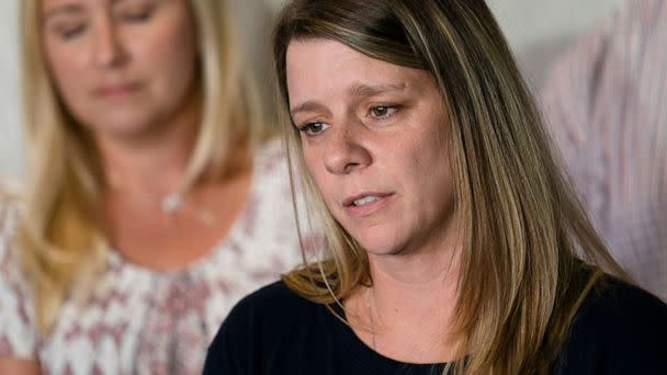 PHOTO: Nicole Schmidt, mother of Gabby Petito, whose death on a cross-country trip has sparked a manhunt for her boyfriend Brian Laundrie, speaks during a news conference, Sept. 28, 2021, in Bohemia, N.Y. (John Minchillo/AP)