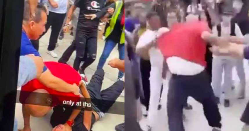 紅衣男子因為兒子受到同學霸凌，憤而衝進校園和30位學生發生鬥毆。（圖／翻攝自Youtube頻道）